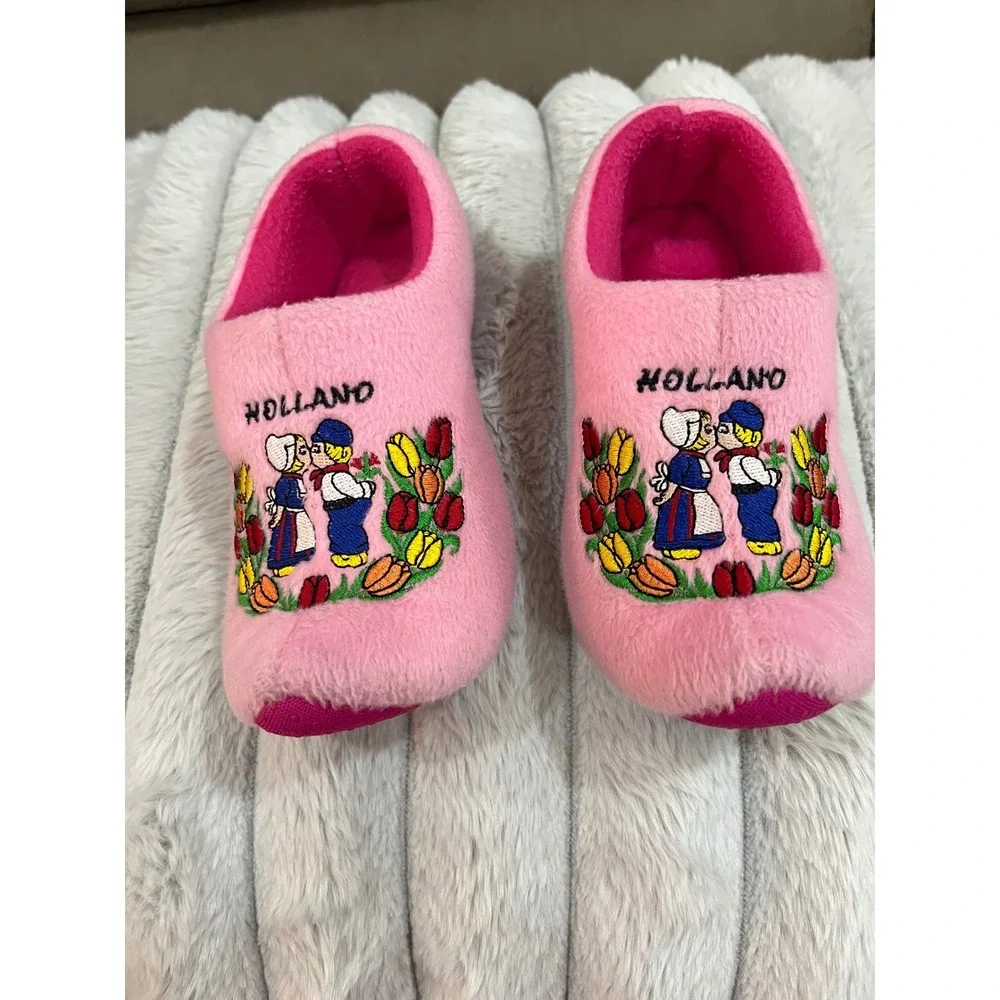 Wooden Shoe Slippers Kids S Pink Good Holland Dutch Embroidered Plush Fleece